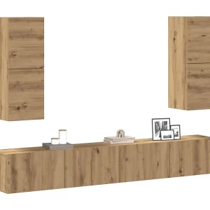 4-delig Tv-meubelset | Tv-Bank | TV-kast wandmontage bewerkt hout artisanaal eiken