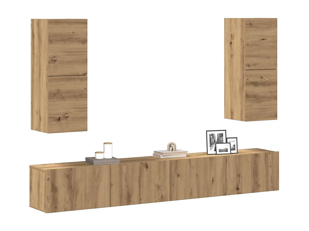 4-delig Tv-meubelset | Tv-Bank | TV-kast wandmontage bewerkt hout artisanaal eiken