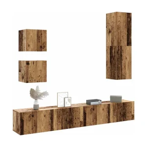 5-delig Tv-meubelset | Tv-Bank | TV-kast wandmontage bewerkt hout oud houtkleurig