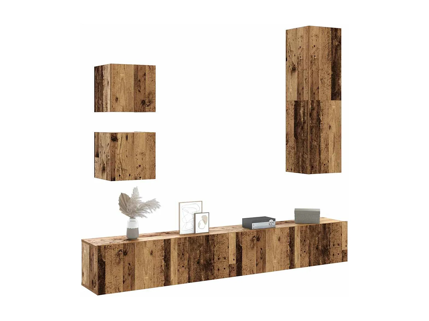 5-delig Tv-meubelset | Tv-Bank | TV-kast wandmontage bewerkt hout oud houtkleurig