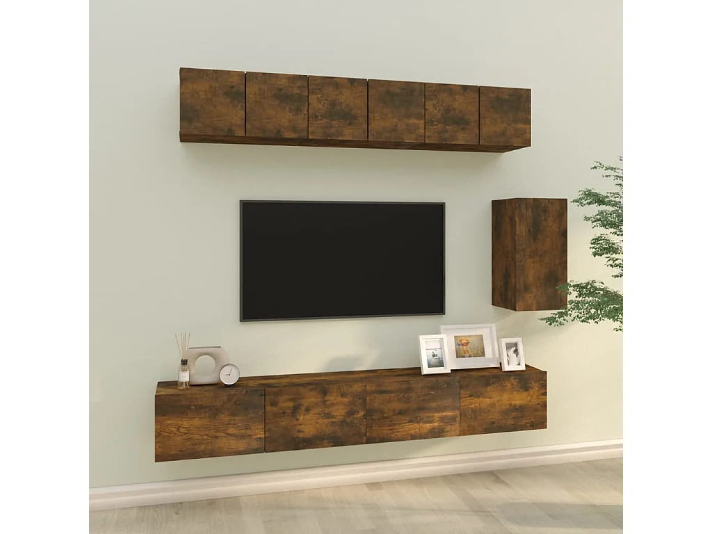 6-delige Tv-meubelset | Tv-Bank | TV-kast bewerkt hout gerookt eikenkleurig
