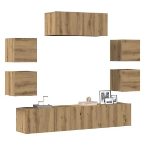 7-delig Tv-meubelset | Tv-Bank | TV-kast wandmontage bewerkt hout artisanaal eiken 7-delig Tv-meubelset | Tv-Bank | TV-kast wandmontage bewerkt hout artisanaal eiken