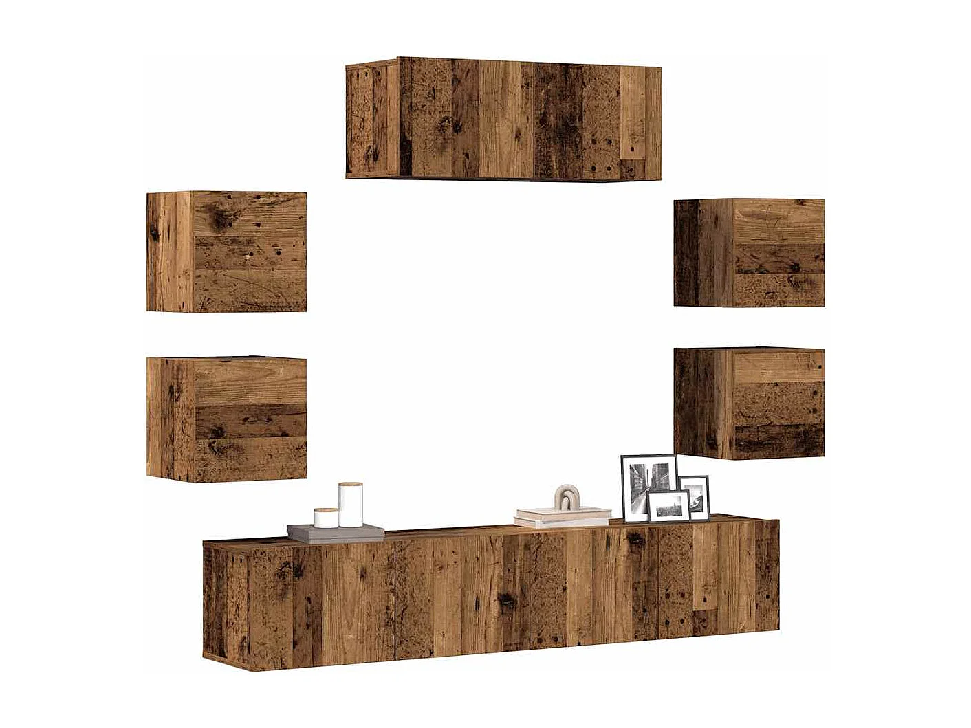 7-delig Tv-meubelset | Tv-Bank | TV-kast wandmontage bewerkt hout oud houtkleurig