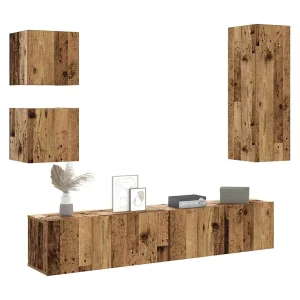 5-delig Tv-meubelset | Tv-Bank | TV-kast wandmontage bewerkt hout oud houtkleurig