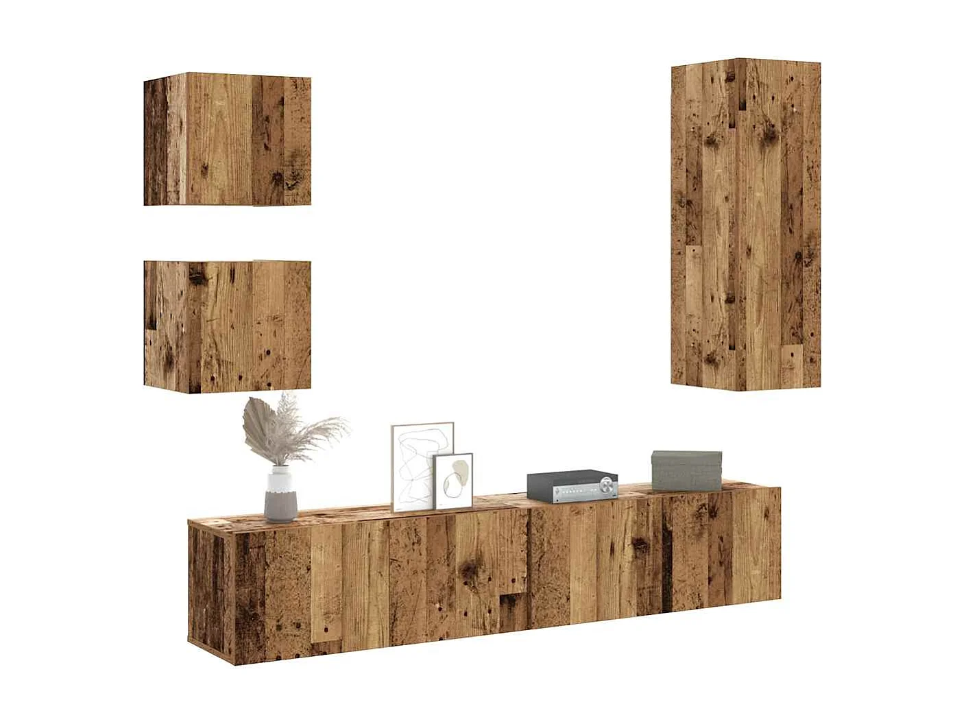 5-delig Tv-meubelset | Tv-Bank | TV-kast wandmontage bewerkt hout oud houtkleurig