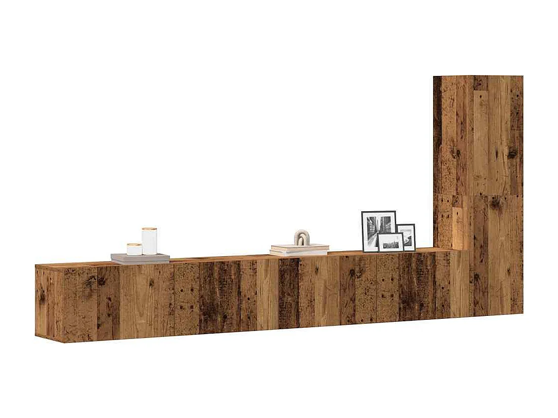 3-delig Tv-meubelset | Tv-Bank | TV-kast wandmontage bewerkt hout oud houtkleurig