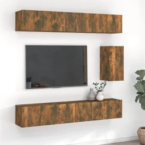 7-delige Tv-meubelset | Tv-Bank | TV-kast bewerkt hout gerookt eikenkleurig