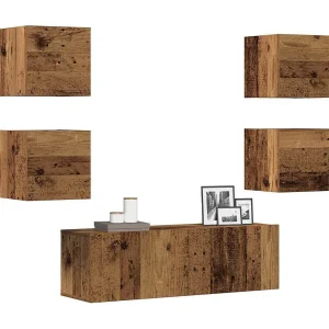 5-delig Tv-meubelset | Tv-Bank | TV-kast wandmontage bewerkt hout oud houtkleurig