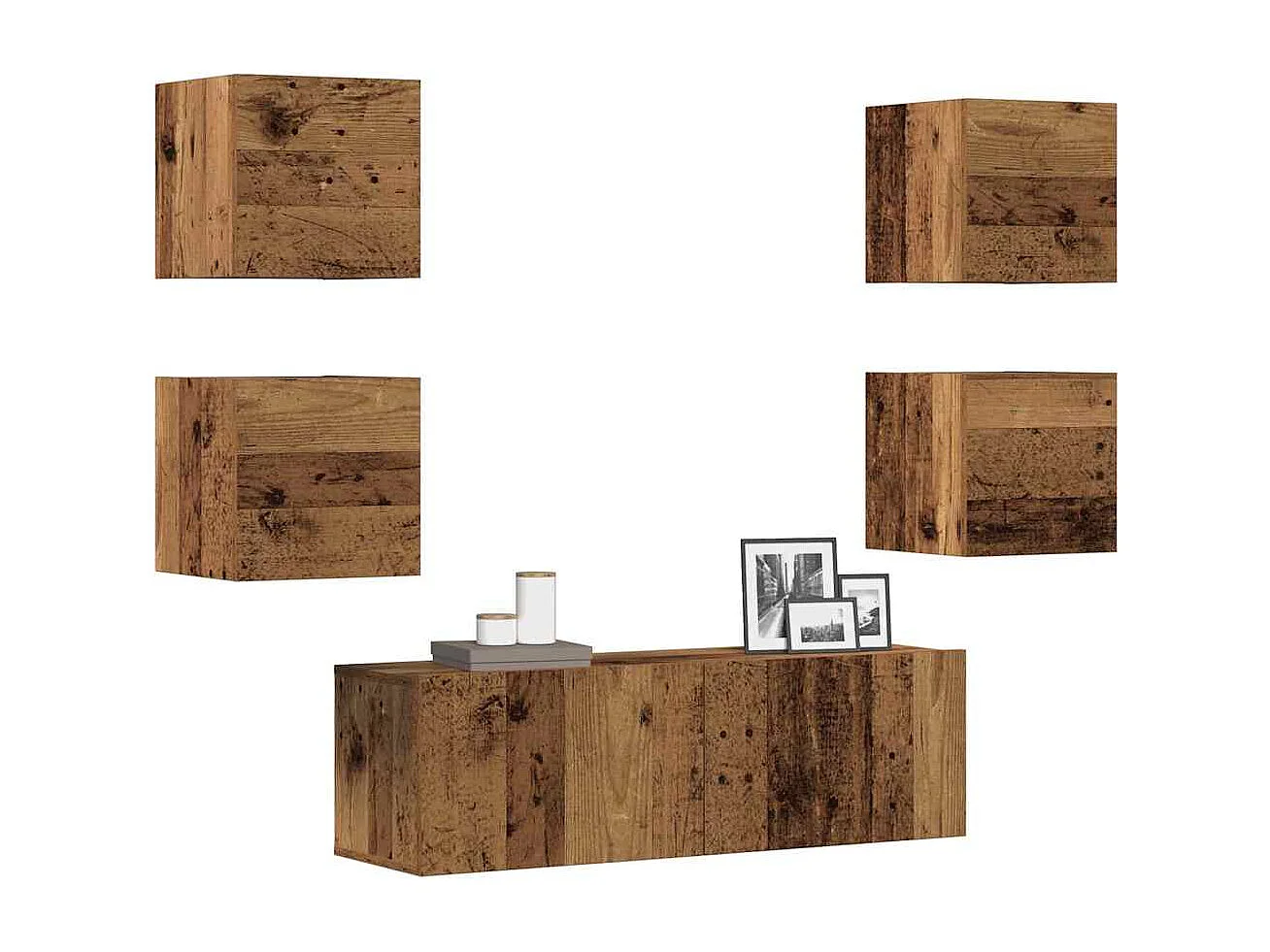 5-delig Tv-meubelset | Tv-Bank | TV-kast wandmontage bewerkt hout oud houtkleurig