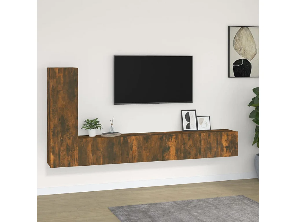 3-delige Tv-meubelset | Tv-Bank | TV-kast bewerkt hout gerookt eikenkleurig