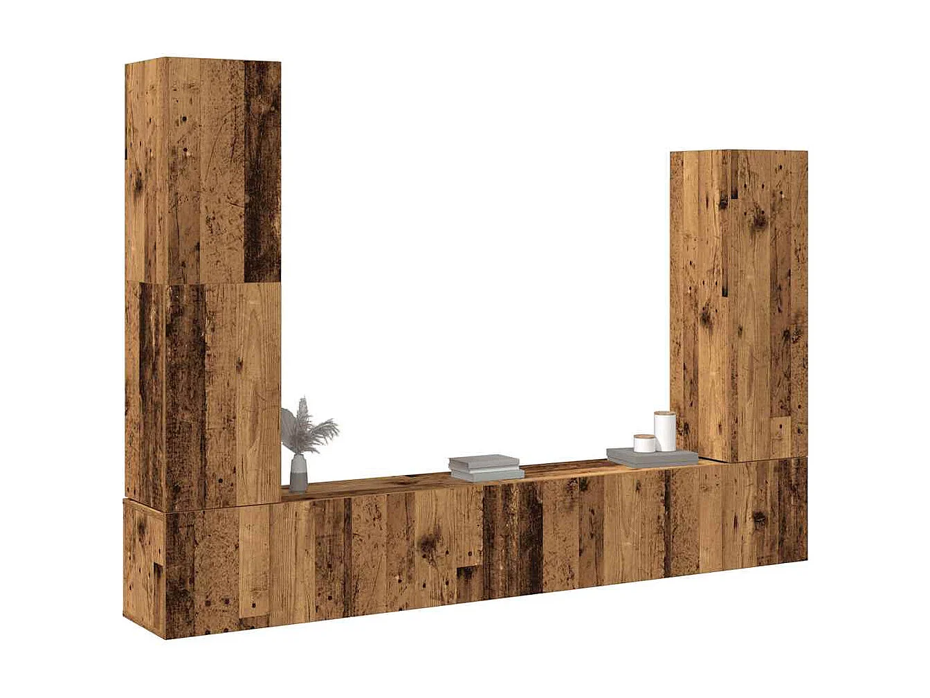 4-delig Tv-meubelset | Tv-Bank | TV-kast wandmontage bewerkt hout oud houtkleurig
