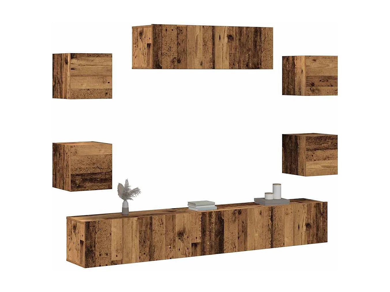 7-delig Tv-meubelset | Tv-Bank | TV-kast wandmontage bewerkt hout oud houtkleurig