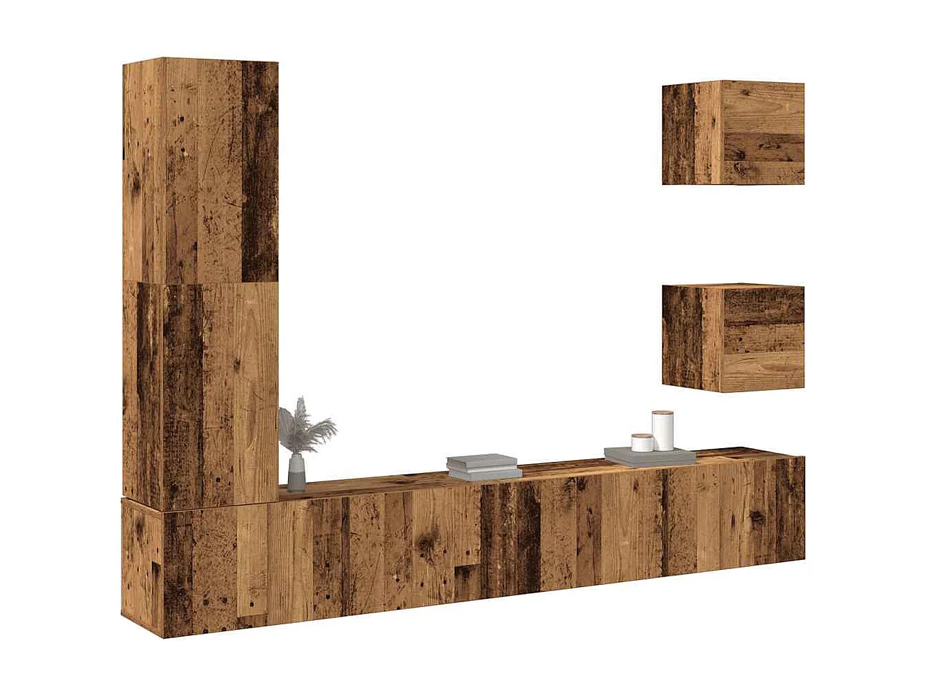 5-delig Tv-meubelset | Tv-Bank | TV-kast wandmontage bewerkt hout oud houtkleurig
