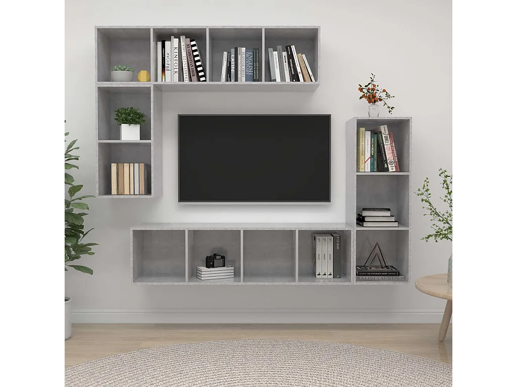 4-delige Tv-meubelset | Tv-Bank | TV-kast bewerkt hout betongrijs