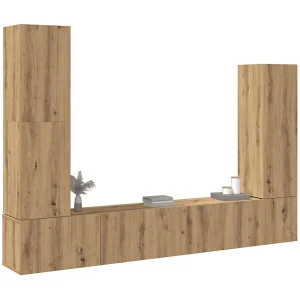 4-delig Tv-meubelset | Tv-Bank | TV-kast wandmontage bewerkt hout artisanaal eiken