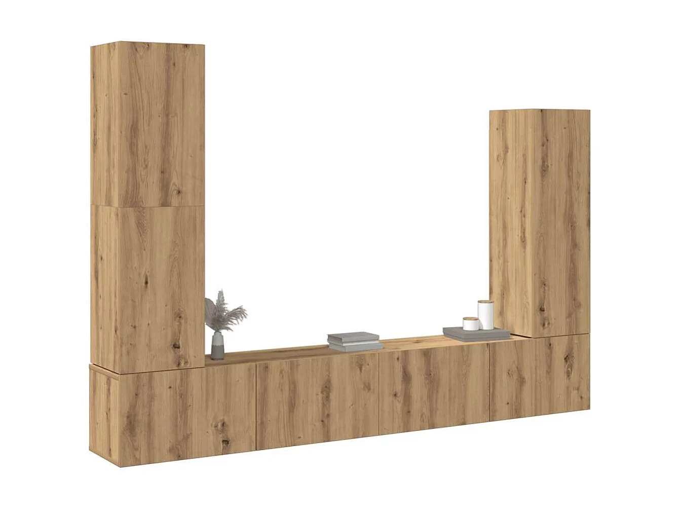 4-delig Tv-meubelset | Tv-Bank | TV-kast wandmontage bewerkt hout artisanaal eiken