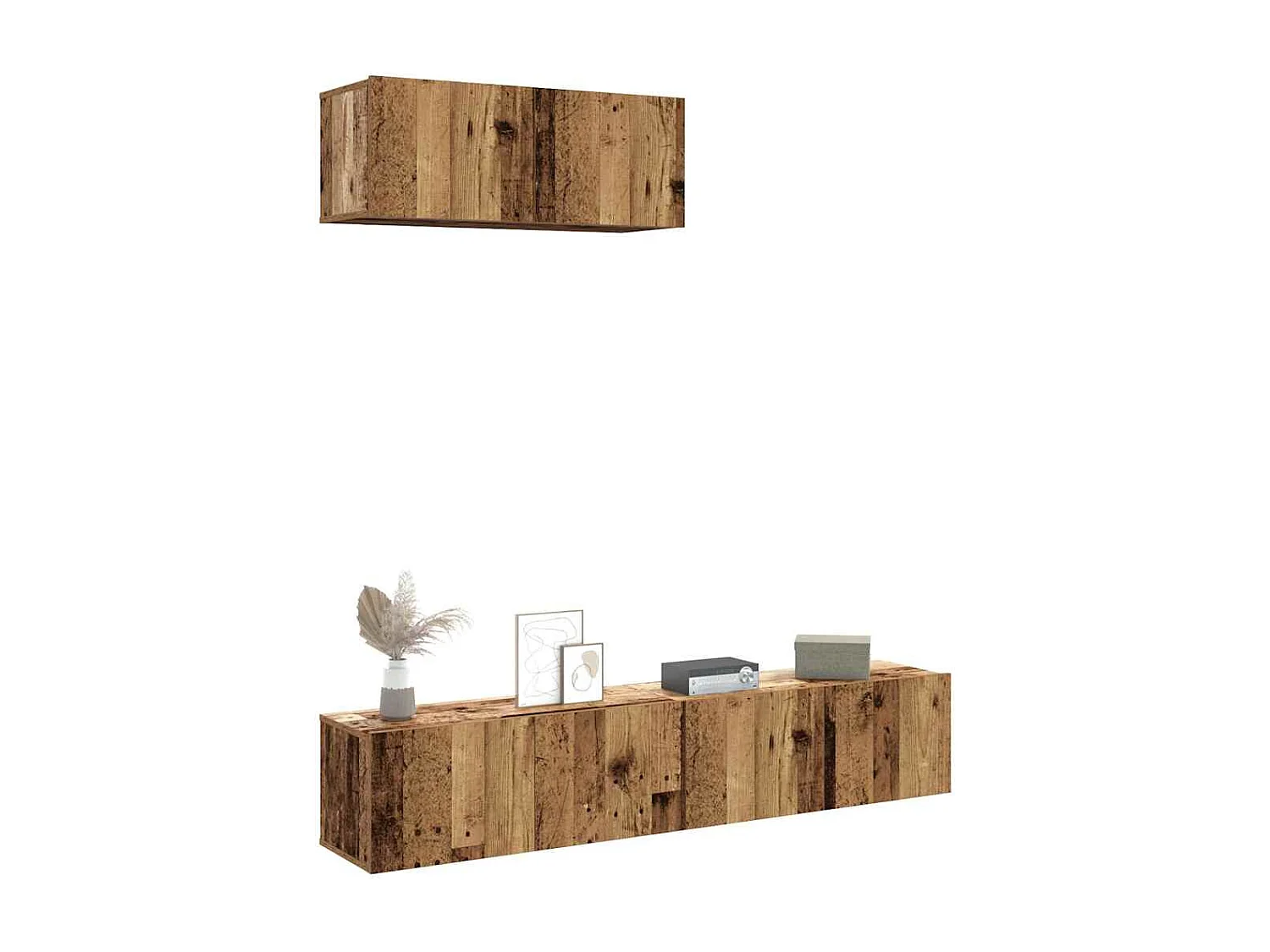 3-delig Tv-meubelset | Tv-Bank | TV-kast wandmontage bewerkt hout oud houtkleurig