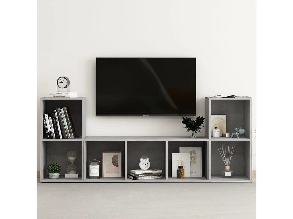 3-delige Tv-meubelset | Tv-Bank | TV-kast bewerkt hout betongrijs