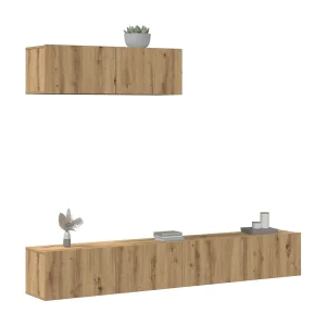 3-delig Tv-meubelset | Tv-Bank | TV-kast wandmontage bewerkt hout artisanaal eiken 3-delig Tv-meubelset | Tv-Bank | TV-kast wandmontage bewerkt hout artisanaal eiken