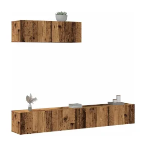3-delig Tv-meubelset | Tv-Bank | TV-kast wandmontage bewerkt hout oud houtkleurig 3-delig Tv-meubelset | Tv-Bank | TV-kast wandmontage bewerkt hout oud houtkleurig