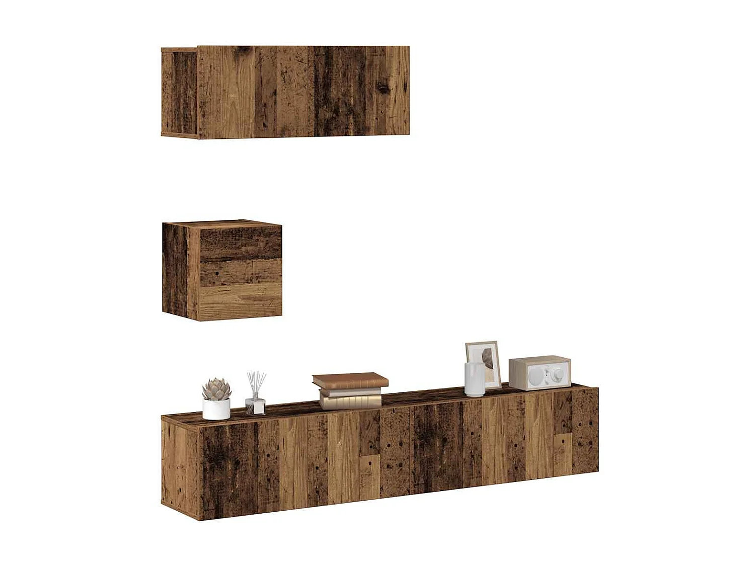 4-delig Tv-meubelset | Tv-Bank | TV-kast wandmontage bewerkt hout oud houtkleurig