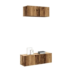2-delig Tv-meubelset | Tv-Bank | TV-kast wandmontage bewerkt hout oud houtkleurig