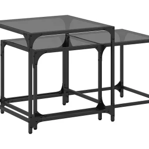 2-delige Tafeltjesset | Woonkamertafel met zwart glazen blad staal 2-delige Tafeltjesset | Woonkamertafel met zwart glazen blad staal