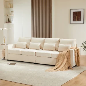 4-zitsbank – Bank met armleuningen en 4 kussens – beige linnen – voor woonkamers en kantoren 4-zitsbank – Bank met armleuningen en 4 kussens – beige linnen – voor woonkamers en kantoren
