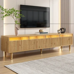 178 cm tv-meubel in minimalistische houtlook met vier lades. Gemaakt van MDF en acryl, stevig en stijlvol voor in de woonkamer.