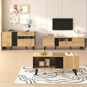 3-delige woonkamerset: salontafel, tv-meubel en dressoir in hout/zwart. Modern design met veel opbergruimte. 3-delige woonkamerset: salontafel, tv-meubel en dressoir in hout/zwart. Modern design met veel opbergruimte.
