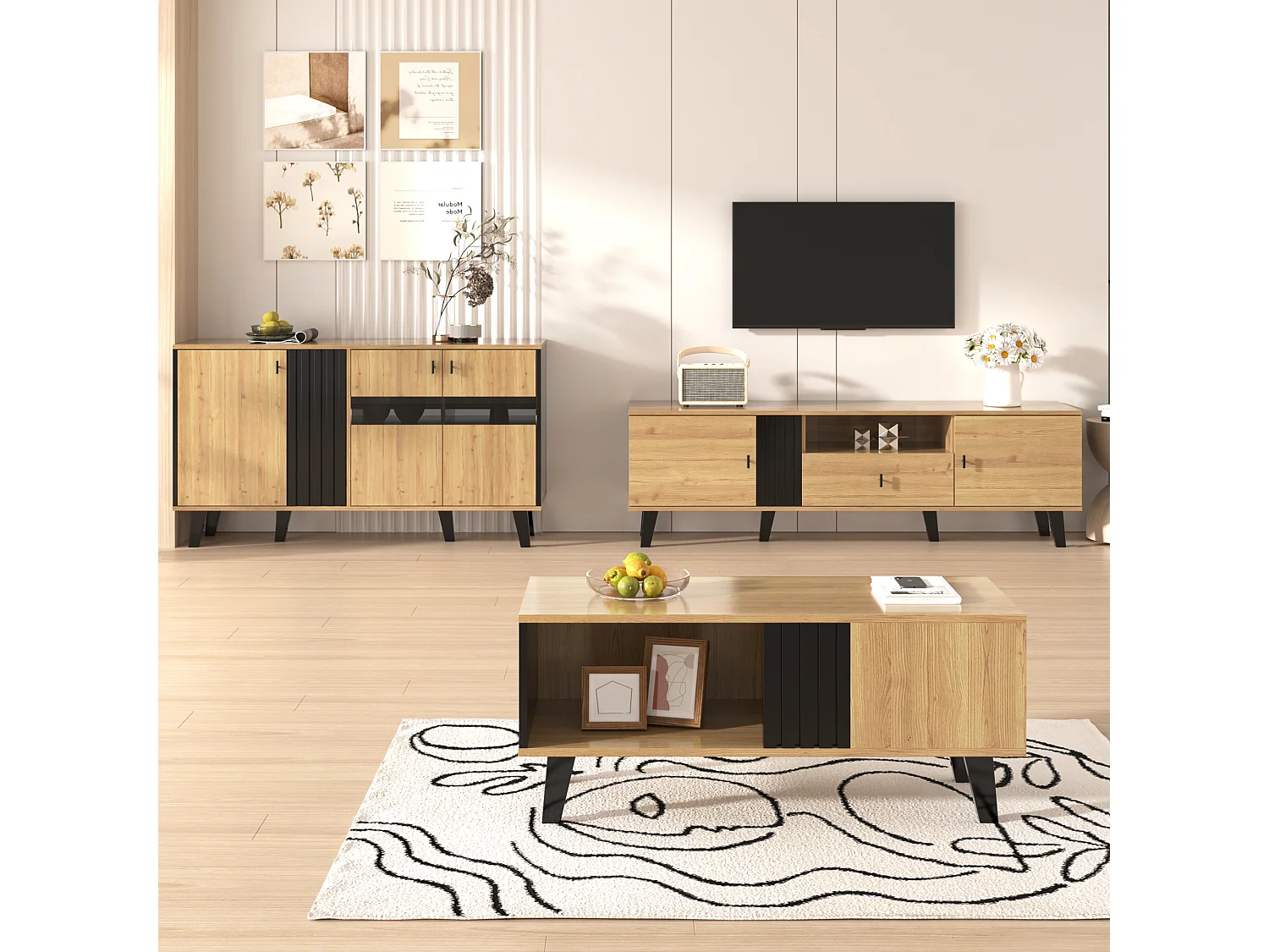 3-delige woonkamerset: salontafel, tv-meubel en dressoir in hout/zwart. Modern design met veel opbergruimte.