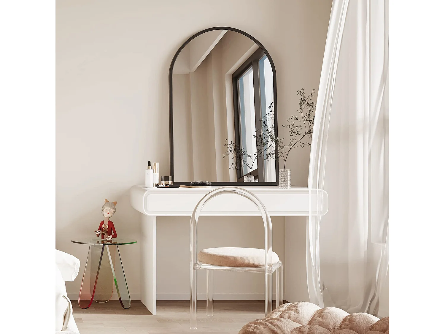 60x90cm gebogen wandspiegel, grote make-upspiegel met aluminium frame voor entree, slaapkamer, woonkamer, badkamer Zwart
