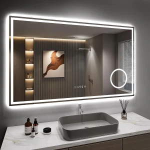 Badkamerspiegel 100x60cm, 45W LED, met 3x vergrootglas, anticondens, tijdsweergave, scheerstopcontact, 3-kleurige dimbare verlichting, IP44 waterdicht Badkamerspiegel 100x60cm, 45W LED, met 3x vergrootglas, anticondens, tijdsweergave, scheerstopcontact, 3-kleurige dimbare verlichting, IP44 waterdicht