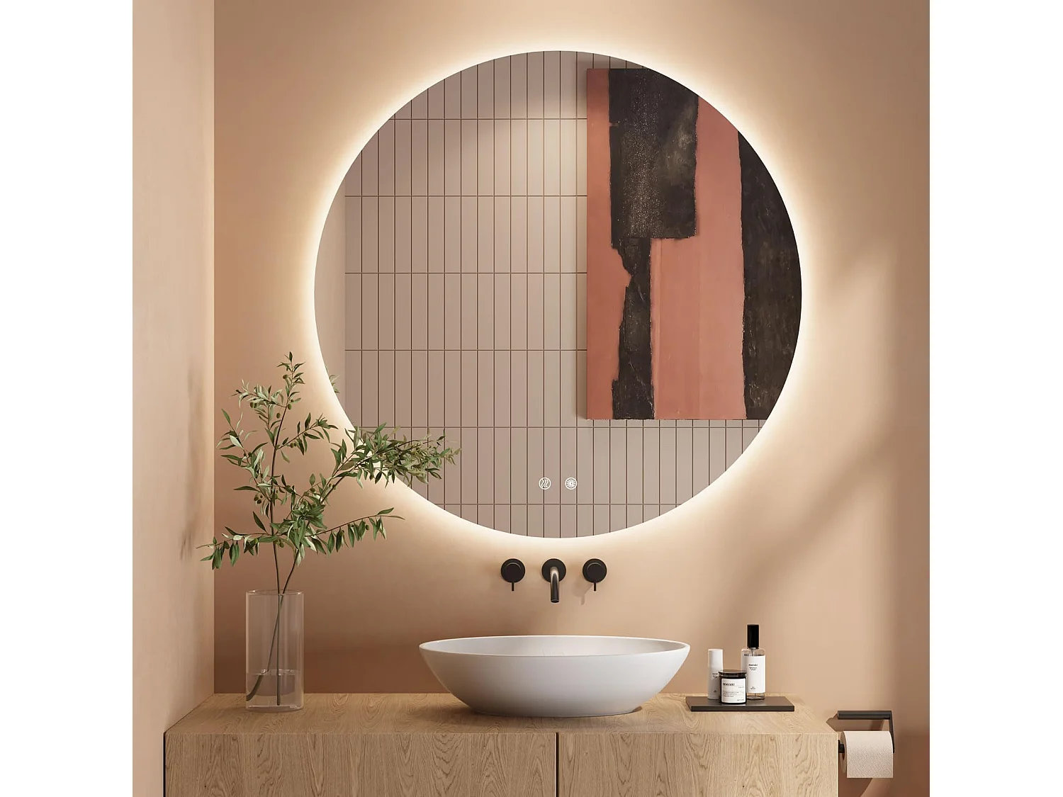 70cm badkamerspiegel, ronde anti-condens led-spiegel, 3 kleuren, dimbaar, touchschakelaar