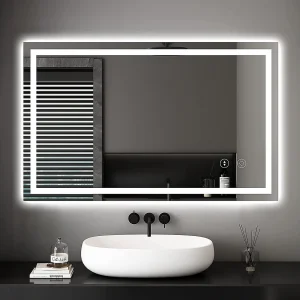 100x60cm badkamerspiegel met 30 Watt verlichting, anti-condens LED wandspiegel, dimbaar 3 lichtkleuren, aanraakschakelaar, explosieveilig 100x60cm badkamerspiegel met 30 Watt verlichting, anti-condens LED wandspiegel, dimbaar 3 lichtkleuren, aanraakschakelaar, explosieveilig