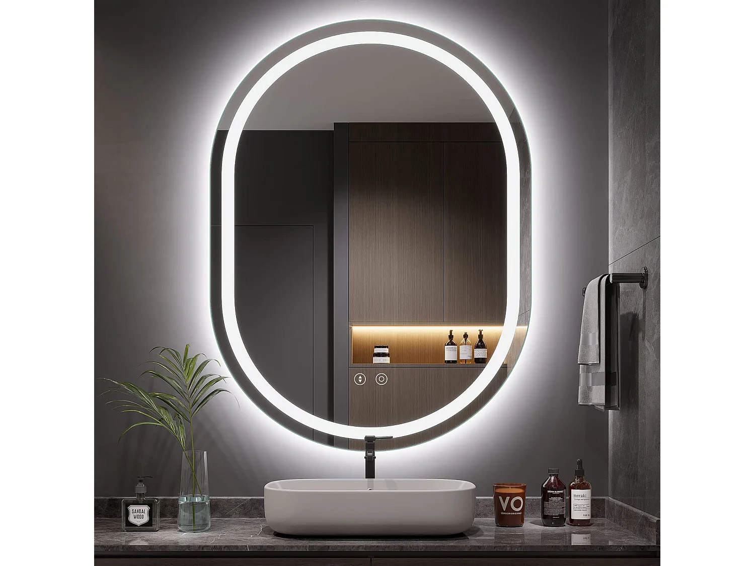 60x80cm ovale LED spiegel met verlichting, anti-condens, dimbaar 3 kleuren, verstelbare badkamer- en make-upspiegel met aanraakschakelaar