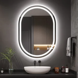50x70cm ovale LED spiegel met verlichting, anti-condens, dimbaar 3 kleuren, verstelbare make-upspiegel met aanraakschakelaar 50x70cm ovale LED spiegel met verlichting, anti-condens, dimbaar 3 kleuren, verstelbare make-upspiegel met aanraakschakelaar