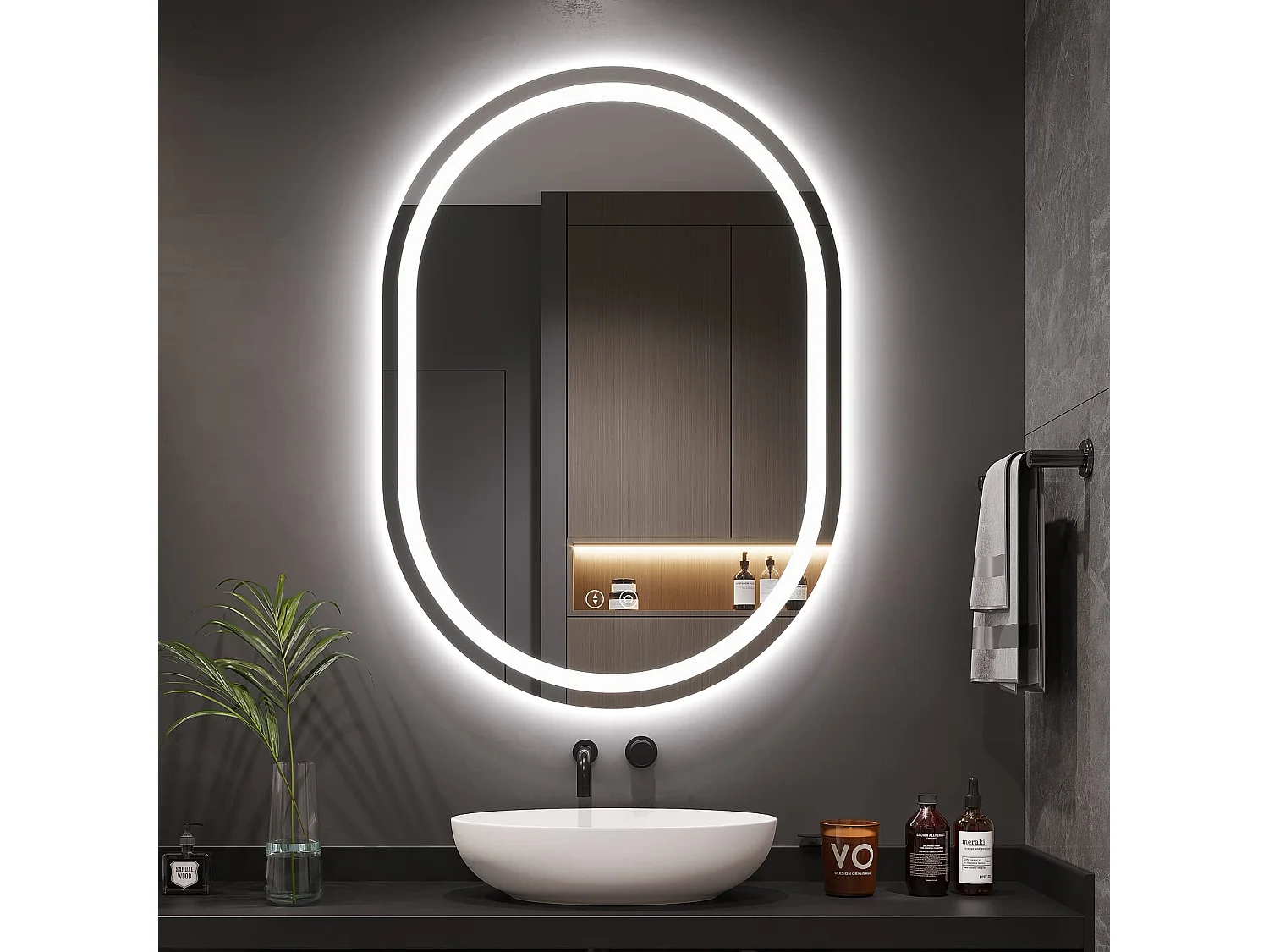 50x70cm ovale LED spiegel met verlichting, anti-condens, dimbaar 3 kleuren, verstelbare make-upspiegel met aanraakschakelaar