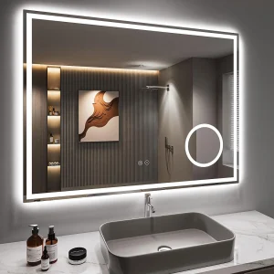 80 x 60 cm badkamerspiegel, 45 W LED, met 3x vergrootglas, anti-condens 3-kleurige dimbare verlichting, geïntegreerde scheerstopcontact, IP44 waterdicht 80 x 60 cm badkamerspiegel, 45 W LED, met 3x vergrootglas, anti-condens 3-kleurige dimbare verlichting, geïntegreerde scheerstopcontact, IP44 waterdicht