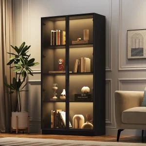 16-kleurige LED-vitrine, 80x40x160 cm, met 2 glazen deuren en verstelbare planken, zwart – voor woonkamer en kantoor 16-kleurige LED-vitrine, 80x40x160 cm, met 2 glazen deuren en verstelbare planken, zwart – voor woonkamer en kantoor