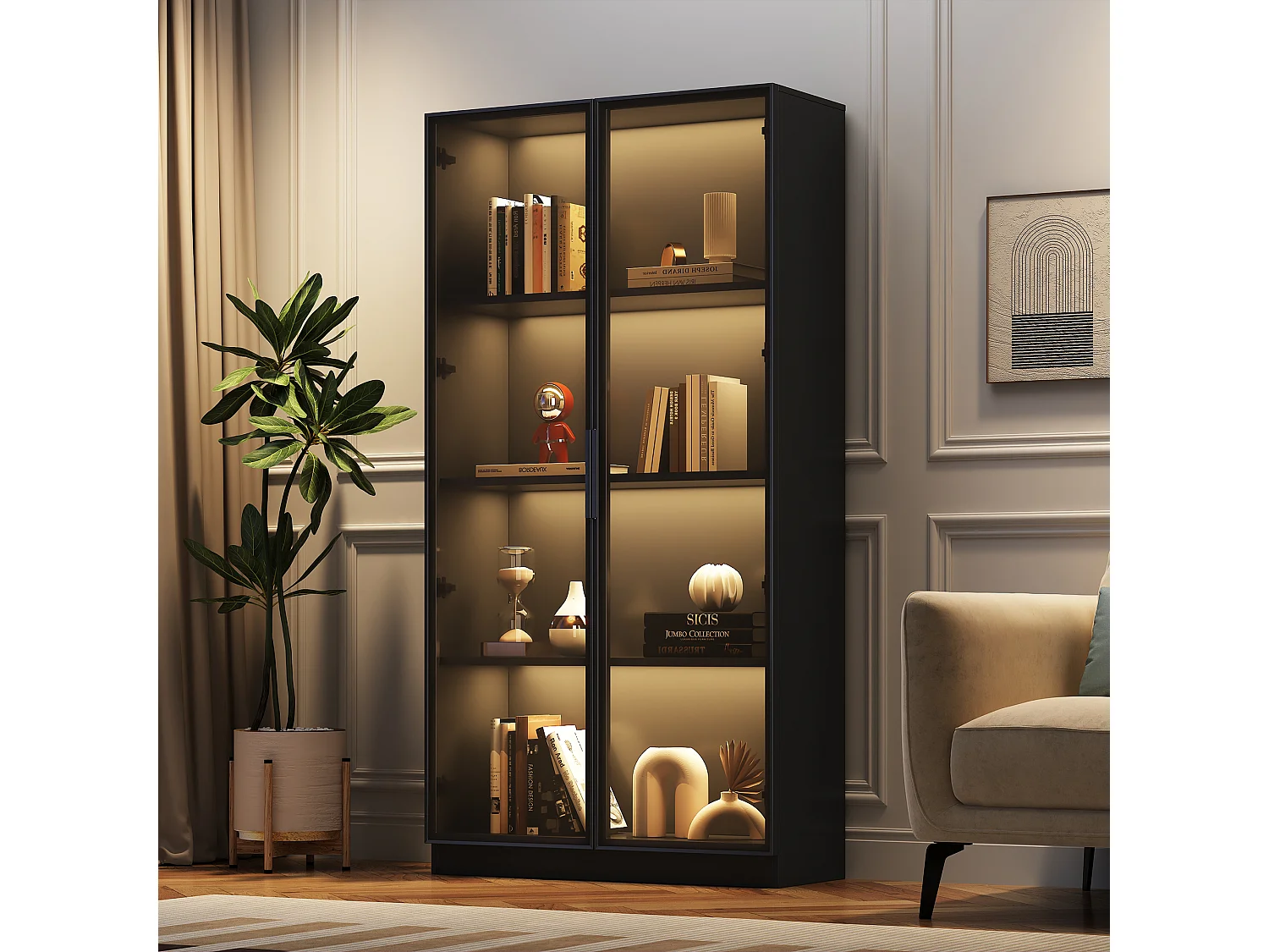 16-kleurige LED-vitrine, 80x40x160 cm, met 2 glazen deuren en verstelbare planken, zwart – voor woonkamer en kantoor