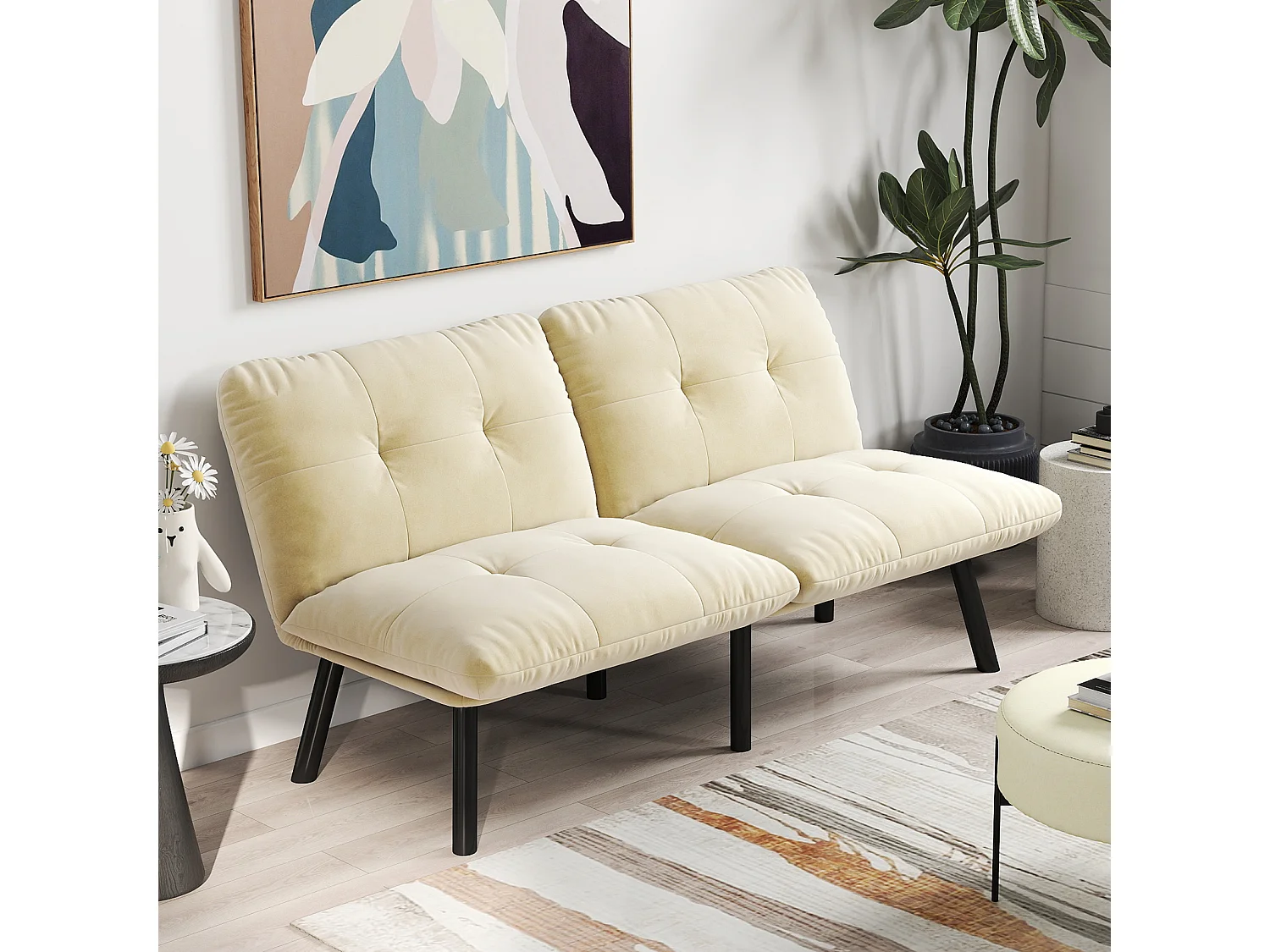 2-zits slaapbank van beige fluweel met verstelbare rugleuning - modern design