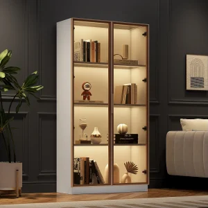 16-kleurige LED-vitrine, 80x40x160 cm, met 2 glazen deuren en verstelbare planken, wit – voor woonkamer en kantoor 16-kleurige LED-vitrine, 80x40x160 cm, met 2 glazen deuren en verstelbare planken, wit – voor woonkamer en kantoor