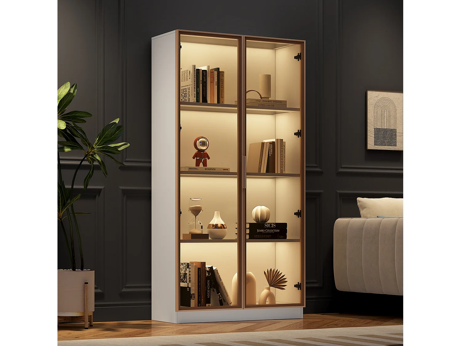 16-kleurige LED-vitrine, 80x40x160 cm, met 2 glazen deuren en verstelbare planken, wit – voor woonkamer en kantoor