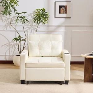 1-zitsbank van wit kunstleer met USB-poort en bekerhouder – Om te vormen tot bed of chaise longue