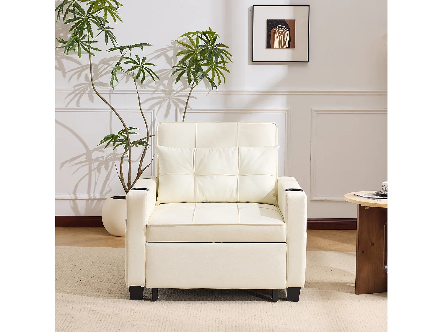 1-zitsbank van wit kunstleer met USB-poort en bekerhouder - Om te vormen tot bed of chaise longue