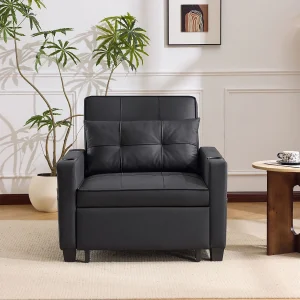 1-zitsbank van zwart kunstleer met USB-poort en bekerhouder – Om te vormen tot bed of chaise longue 1-zitsbank van zwart kunstleer met USB-poort en bekerhouder – Om te vormen tot bed of chaise longue