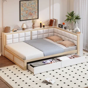 Bankbed 140×200 cm met 2 opbergladen en lattenbodem, wit en hout – zonder matras Bankbed 140×200 cm met 2 opbergladen en lattenbodem, wit en hout – zonder matras