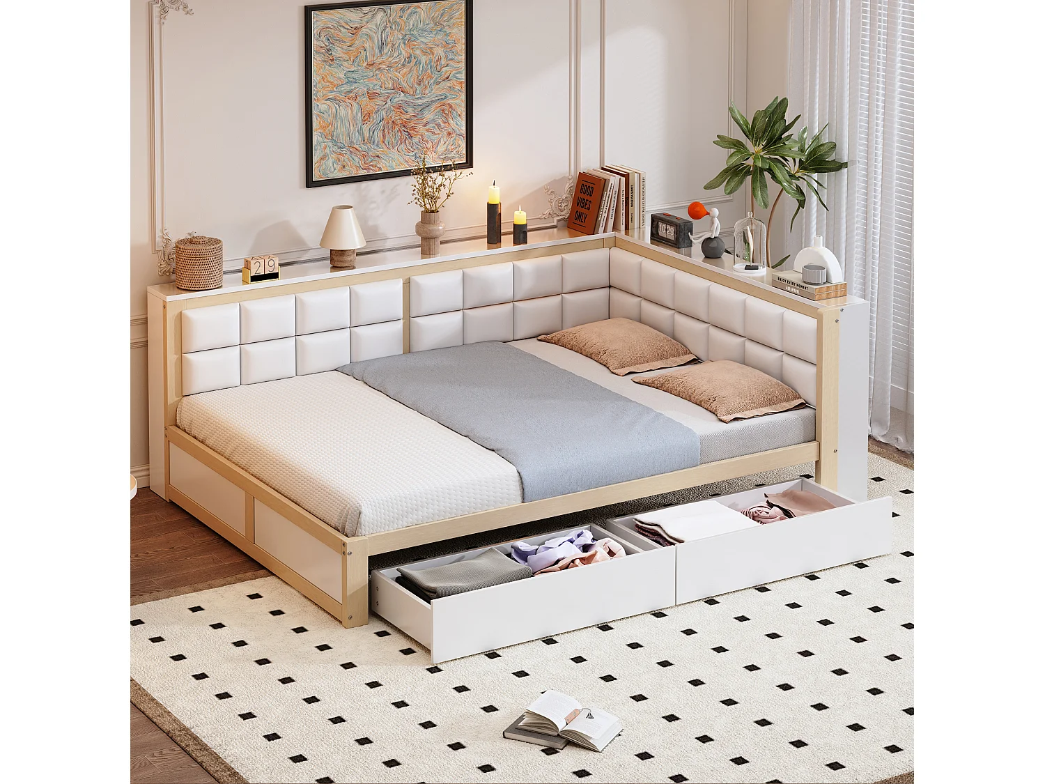 Bankbed 140x200 cm met 2 opbergladen en lattenbodem, wit en hout – zonder matras