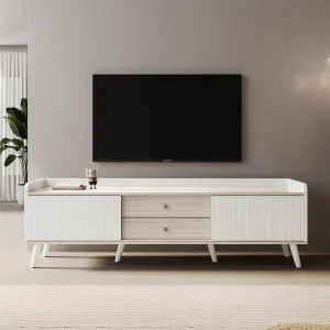 160 cm witte en houten tv-meubel met 2 lades, 2 deuren en houten poten – Geschikt voor woonkamers en kantoren